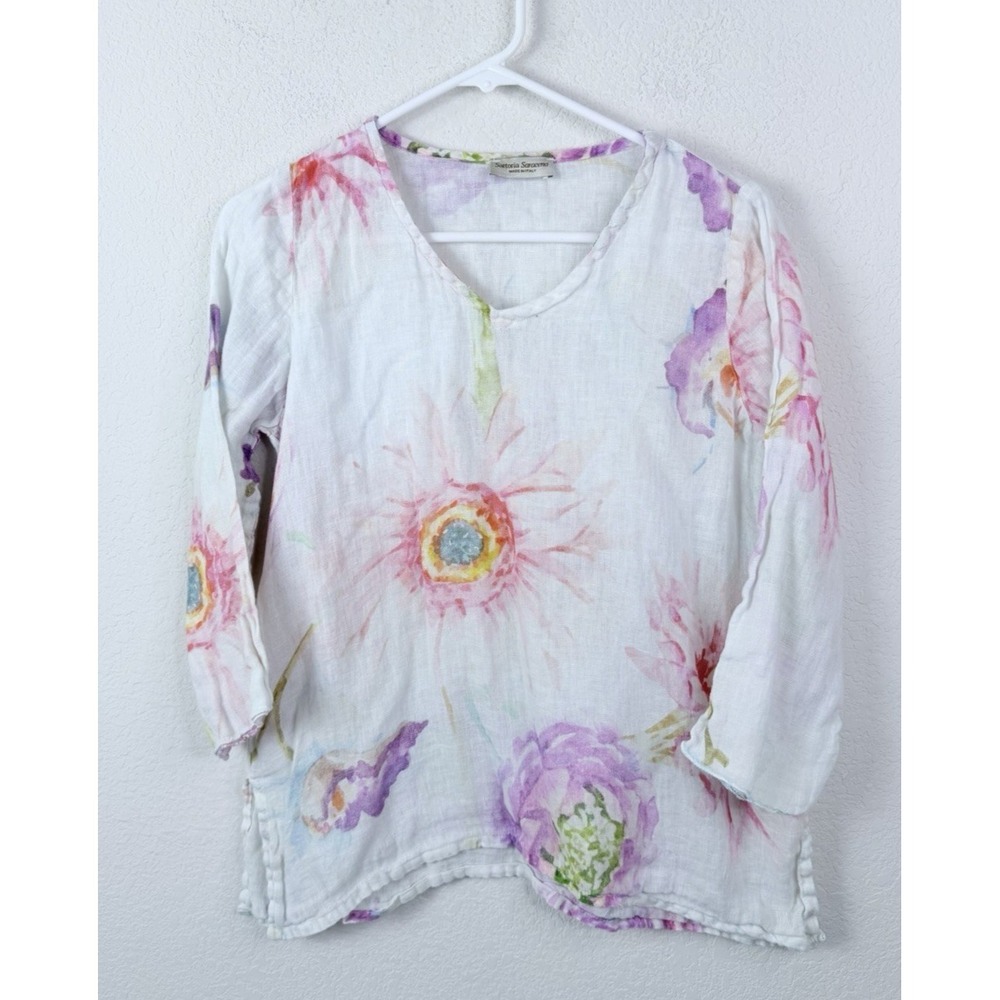 Sartoria Saracena Italy 100% Linen Floral Blouse Top Sz S Watercolor Arty Beachy
